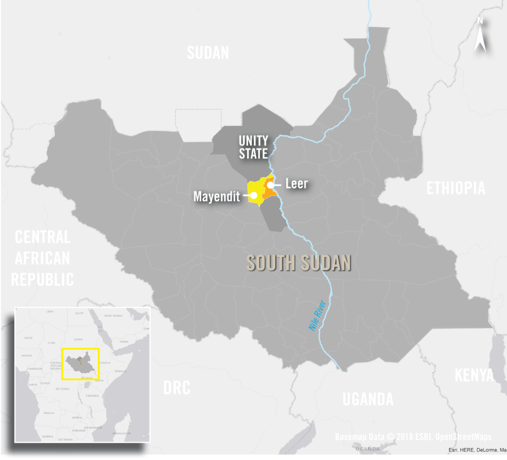 Los condados de Mayendit y Leer del estado de Unity han sido el escenario de la última ofensiva militar.   © Amnesty International; mapa de base © 2018 ESRI, OpenStreetMaps