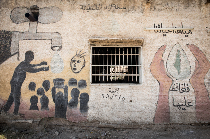 Mural pintado en la pared de una estación de bombeo abandonada al borde de la ruta 90, principal carretera que recorre el valle del Jordán. El texto dice: “Nuestra agua es nuestra vida, preservémosla”. En el valle del Jordán, numerosos manantiales y pozos están inactivos debido a la creciente explotación del acuífero de la montaña, en el extremo occidental del valle, por la compañía estatal israelí Mekorot. © Amnesty International