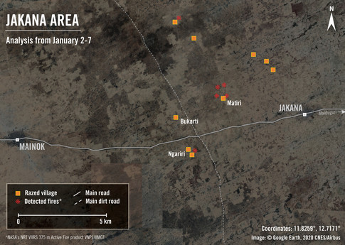 En las imágenes satelitales de principios de enero de 2020 se aprecian pruebas de aldeas incendiadas en el estado de Borno, en el noreste de Nigeria. Imagen: Google Earth, © 2020 CNES/Airbus