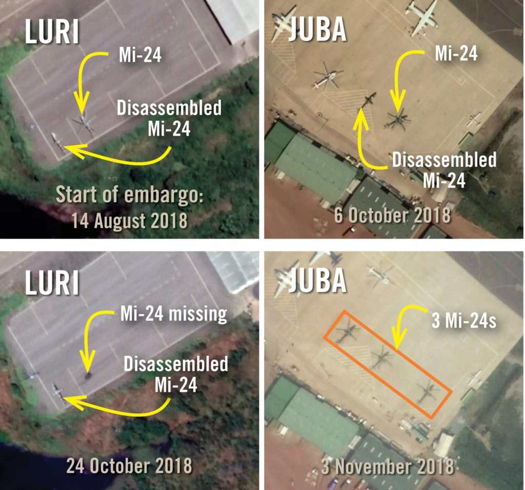 Serie de imágenes de satélite analizadas por Amnistía Internacional en las que se aprecia el proceso de mantenimiento de una flota de helicópteros de ataque Mi24 estropeados, incumpliendo con ello el embargo de armas de la ONU impuesto en julio de 2018. En las imágenes se ven los helicópteros aparcados en una base de seguridad del gobierno situada en Luri, así como en una rampa del aeropuerto internacional de Yuba. Coordenadas de Luri: 4.8520°, 31.3951°, coordenadas de Yuba: 4.8647°, 31.6051°, imágenes: Google Earth © 2020 Maxar Technologies
