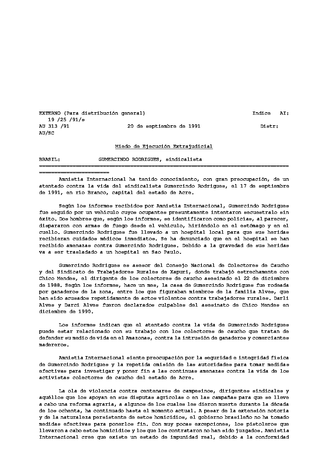 UA 313/91 - Brazil: fear of extrajudicial execution: Gumercindo Rodrigues -  Amnesty International