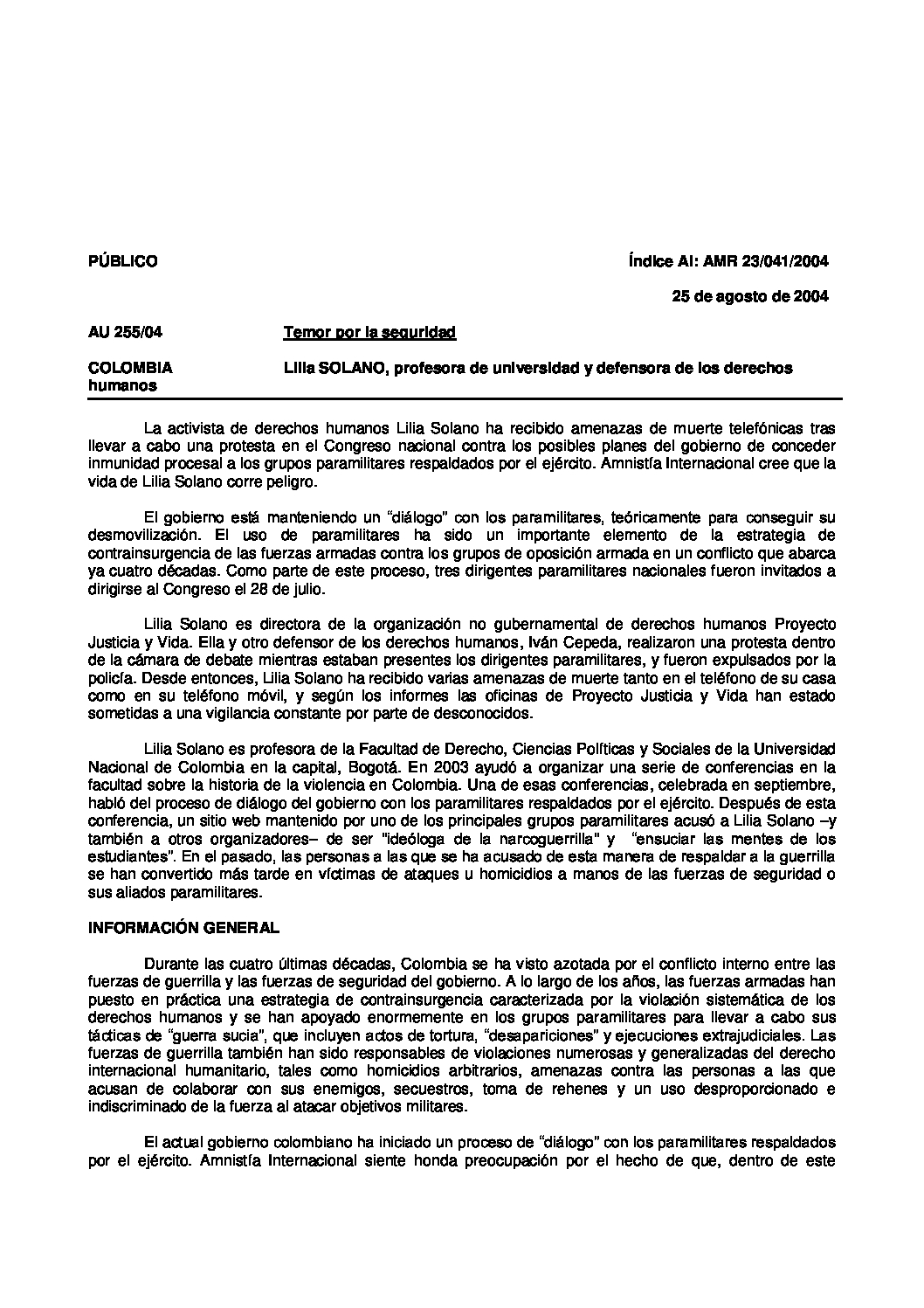 COLOMBIA. Temor por la seguridad. Lilia SOLANO, profesora de universidad y  defensora de los derechos humanos - Amnistía Internacional