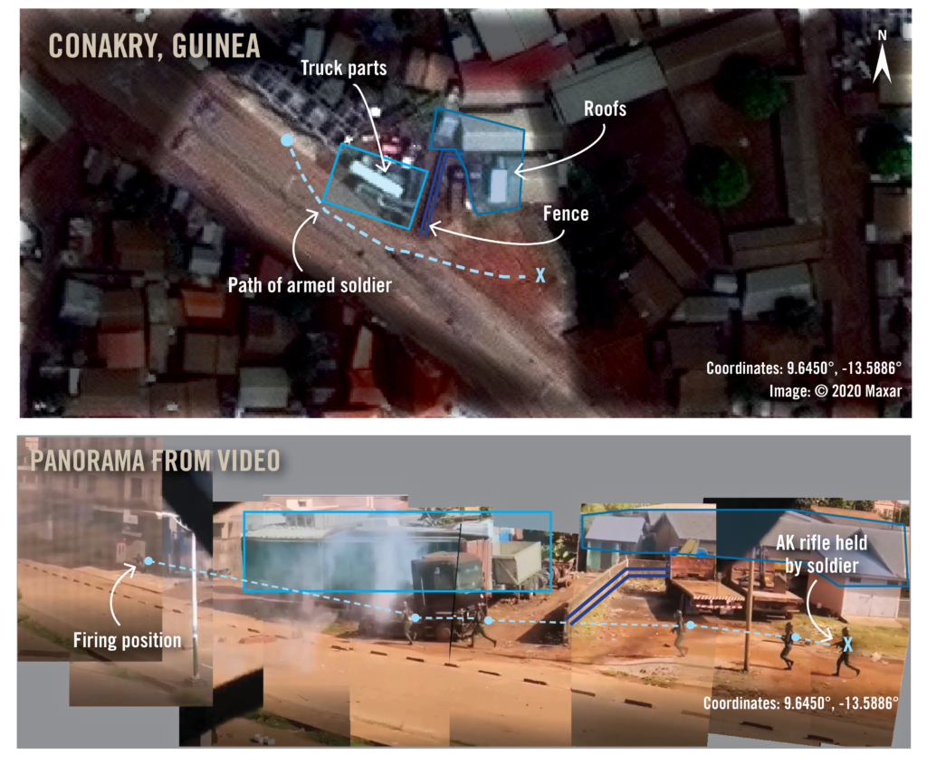 Amnistía Internacional, basándose en el análisis de imágenes satelitales y de vídeos autentificados, concluye que miembros de las fuerzas de defensa y de seguridad usaron armas de guerra en varias localidades, incluidas Conakry y Labé.