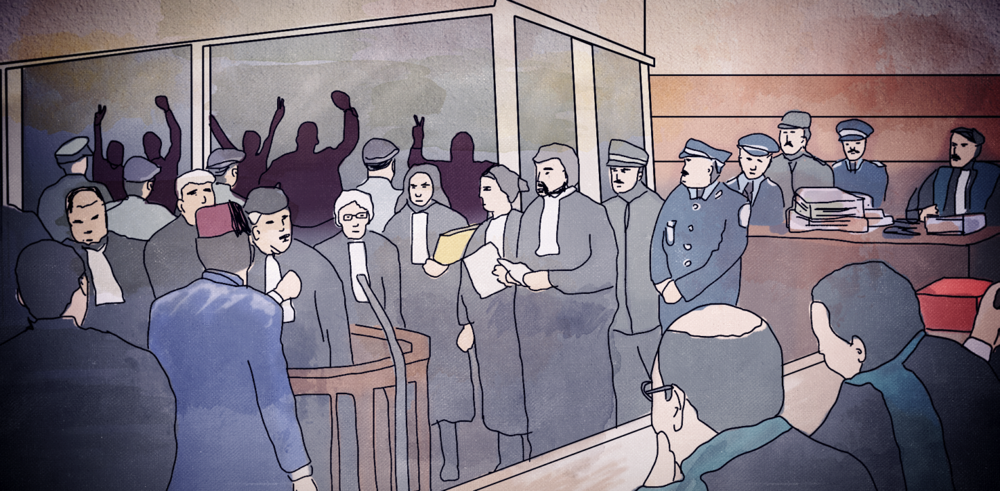 Ilustración del juicio del movimiento Hirak en Marruecos realizada por Inkyfada.com