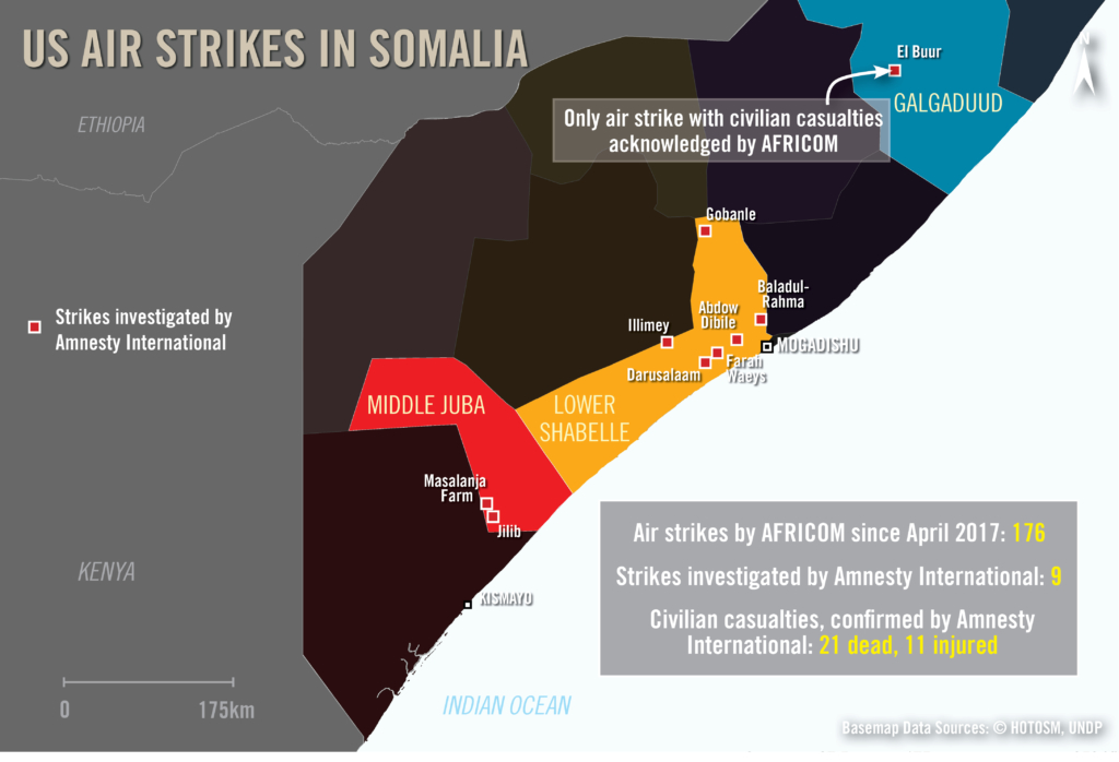 Mapa que muestra los ataques aéreos de EE. UU. en Somalia, donde Amnistía Internacional encontró pruebas de bajas civiles. © Amnesty International. Fuentes de Basemap: HOTOSM, UNDP