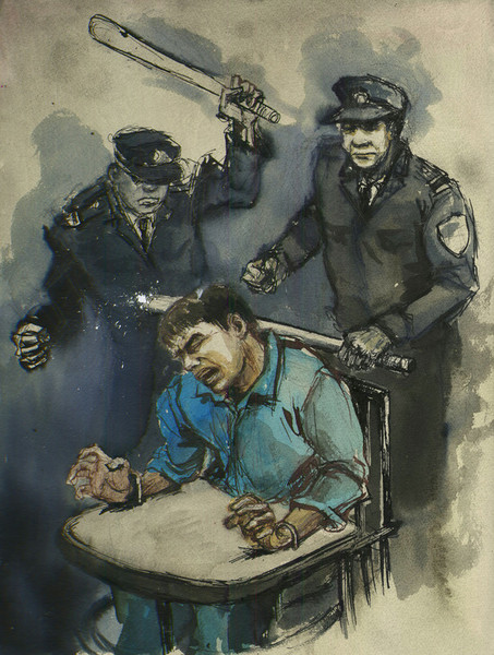 Unos guardias de un campo de internamiento golpean a un detenido inmovilizado en una silla de tigre. © Molly Crabapple