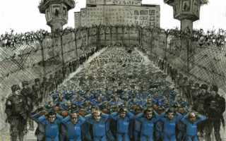 Guards surround a large group of detainees in an internment camp in Xinjiang, China.