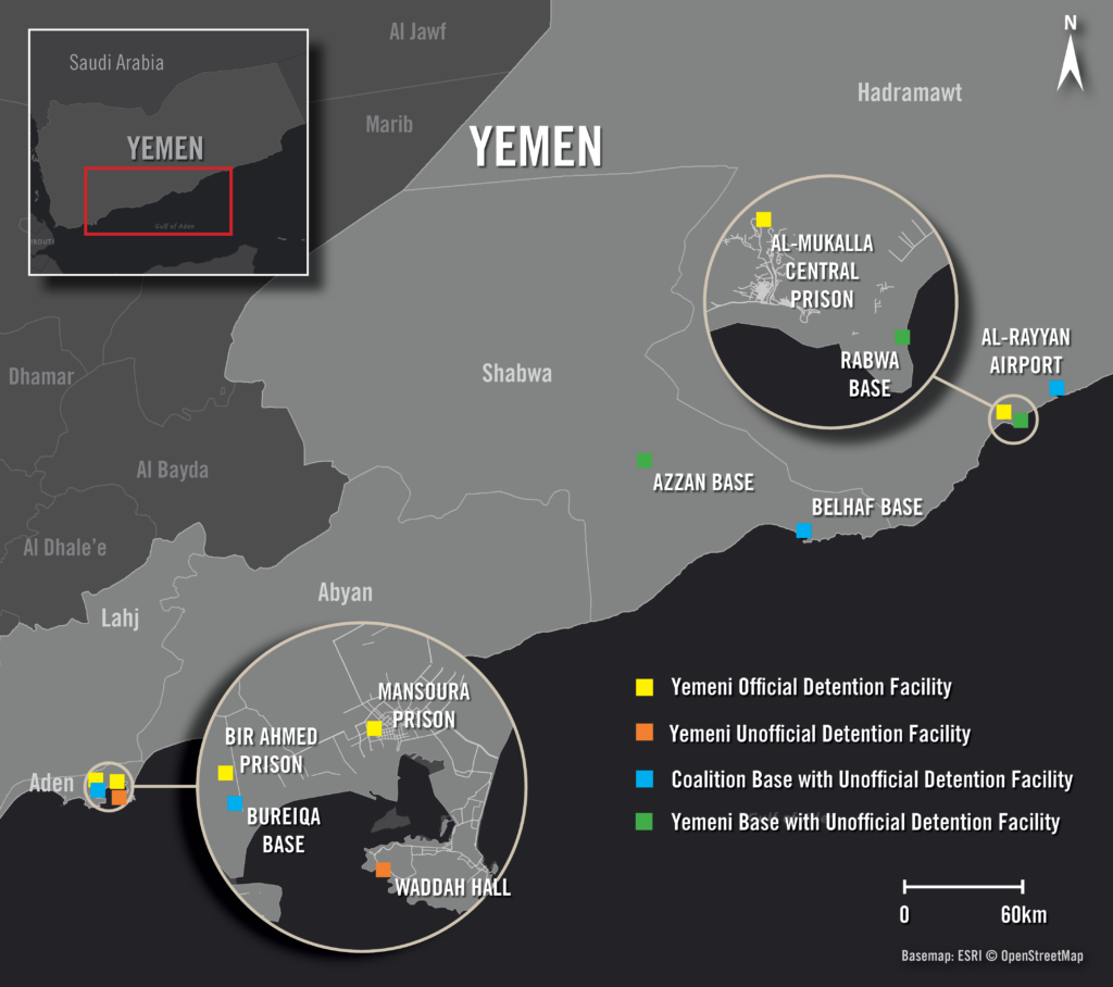 Mapa que muestra algunos de los centros de detención oficiales y extraoficiales en el sur de Yemen. Mapa base: ESRI © OpenStreetMap