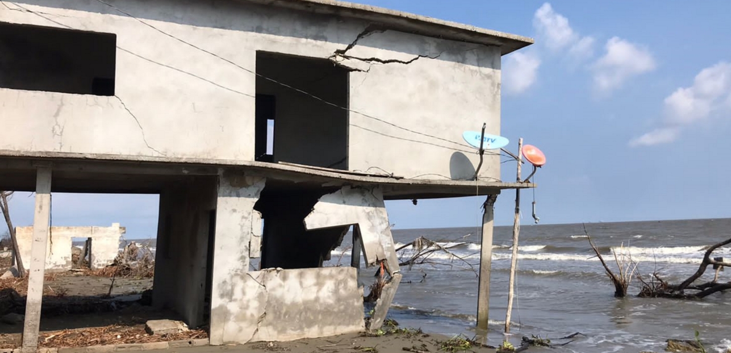 A badly damaged house about to collapse into the sea on the coast of El Bosque in Tabasco; Mexico.
