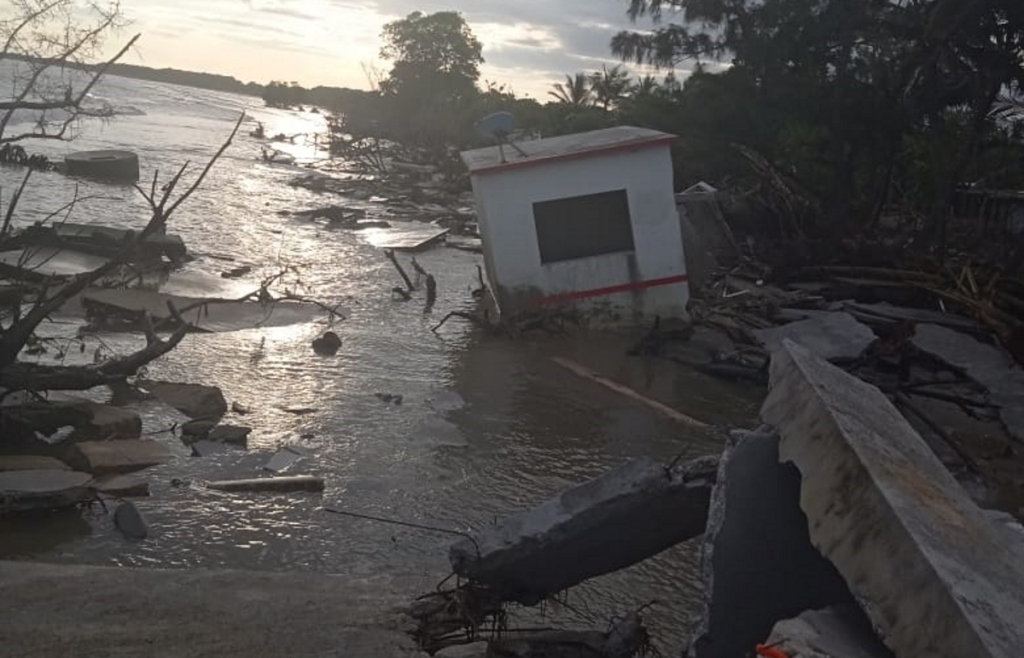 A destroyed home semi-submerged in the sea in the community of El Bosque in Tabasco, Mexico.