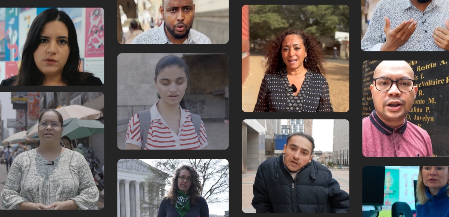 Collage de personal investigador de Amnistía en diferentes escenarios y entornos.