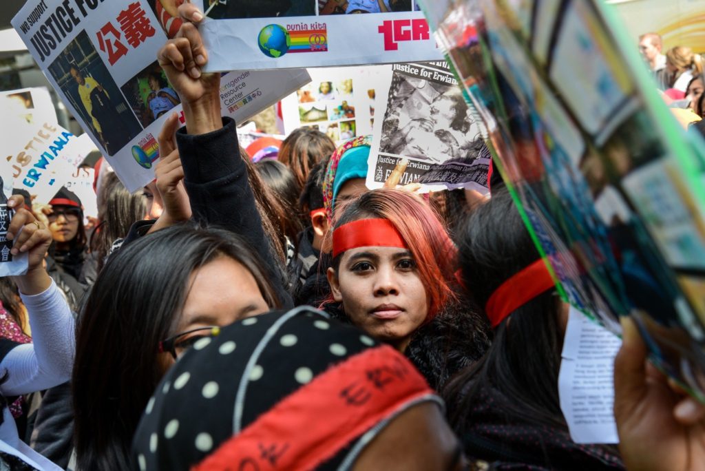 Demonstration in Hong Kong protesting the physical abuse of Erwiana Sulistyaningsih, an Indonesian migrant domestic worker.