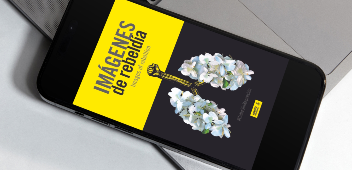 Un écran de smartphone sur lequel apparait le titre du livre "Imagenes de rebeldia" et la photo de couverture qui représente deux grappes de fleurs en forme de poumons humains