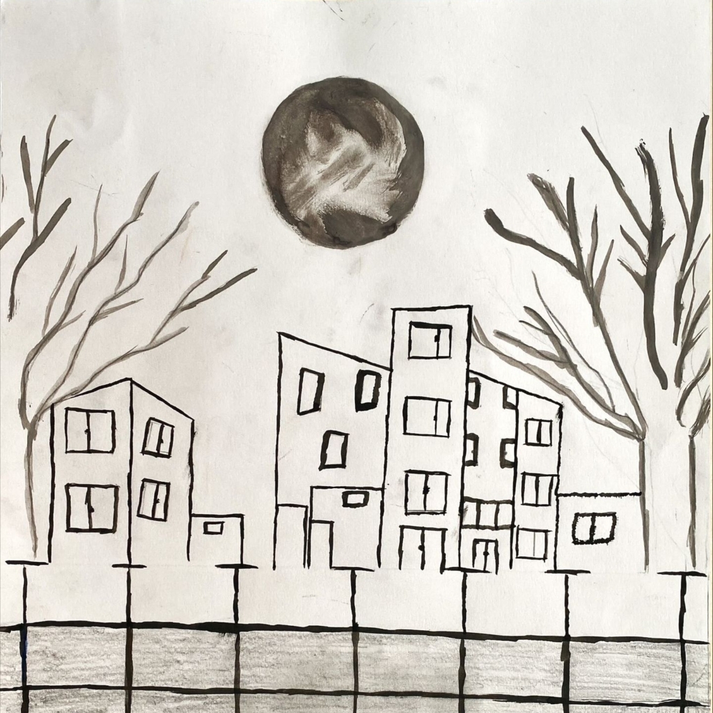 a pencil drawing of a group of buildings, with a dark moon hovering above them.