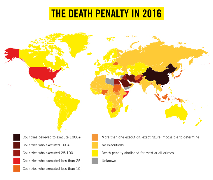 23 pays ont exécuté des condamnés en 2016. 104 pays ont aboli complètement la peine de mort pour tous les crimes, contre seulement 16 en 1977, quand Amnesty International a commencé sa campagne pour l'abolition de la peine de mort, il y a 40 ans.