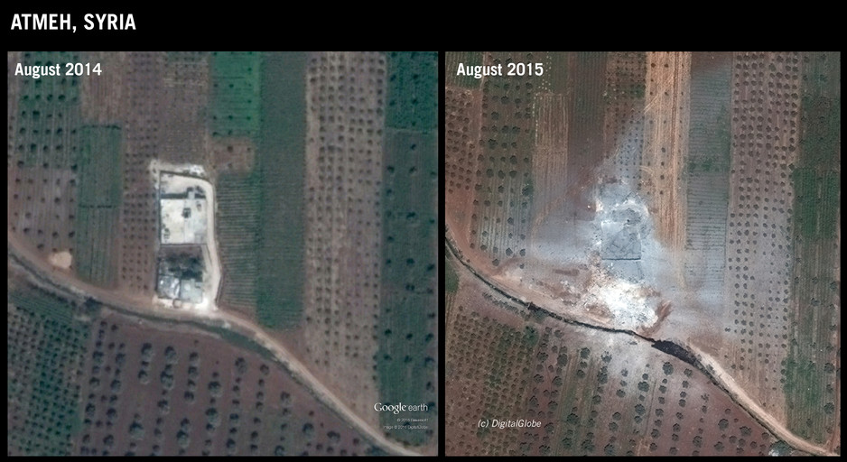 Images avant et après l’attaque contre Atmeh dans le gouvernorat d’Idleb, le 11 août 2015 © DigitalGlobe/Google Earth. Graphique réalisé par Amnesty International