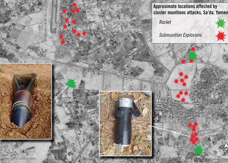 Zones touchées par des armes à sous-munitions brésiliennes lors d'une attaque le 15 février 2017 dans la ville de Sa'da © DigitalGlobe; CNES/Astrium; Google Earth. Carte fournie par Amnesty International