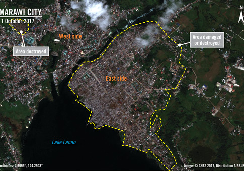 Cette image satellite du 1er octobre montre la plus grande partie de l'est de la ville de Marawi détruite, ainsi que des morceaux du côté ouest, après que les combats ont commencé le 23 mai. 	© CNES 2017, Distribution AIRBUS DS.