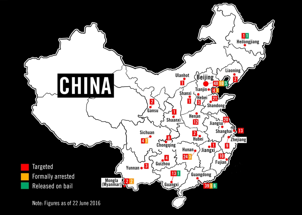 La répression chinoise. Nombre total des avocats et militants visés par les autorités chinoises : 248