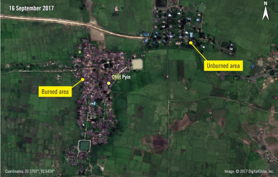 Image satellite montrant l'étendue des dommages liés aux incendies dans le village de Chut Pyin village le 16 septembre 2017. Image : © 2017 DigitalGlobe, Inc. Source : © 2017 Google