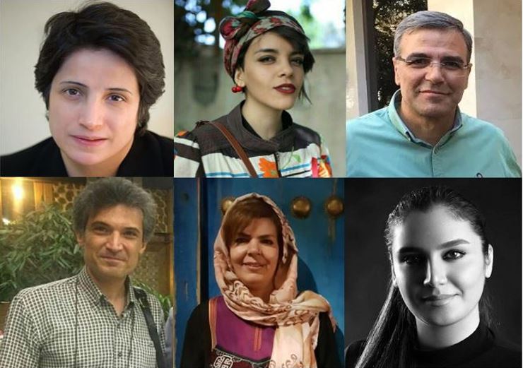 De haut en bas et de gauche à droite : Nasrin Sotoudeh, Yasaman Aryani, Reza Khandan, Farhad Meysami, Monireh Arabshahi, Mojgan Keshavaraz