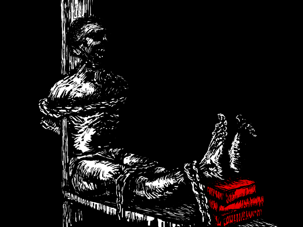 Illustration d’artiste représentant un « banc du tigre », une technique de torture utilisée en Chine où les jambes du détenu sont ligotées à un banc, et des briques sont ajoutées petit à petit sous les pieds de la victime, forçant les jambes à se plier vers l’arrière. © Baodiucao