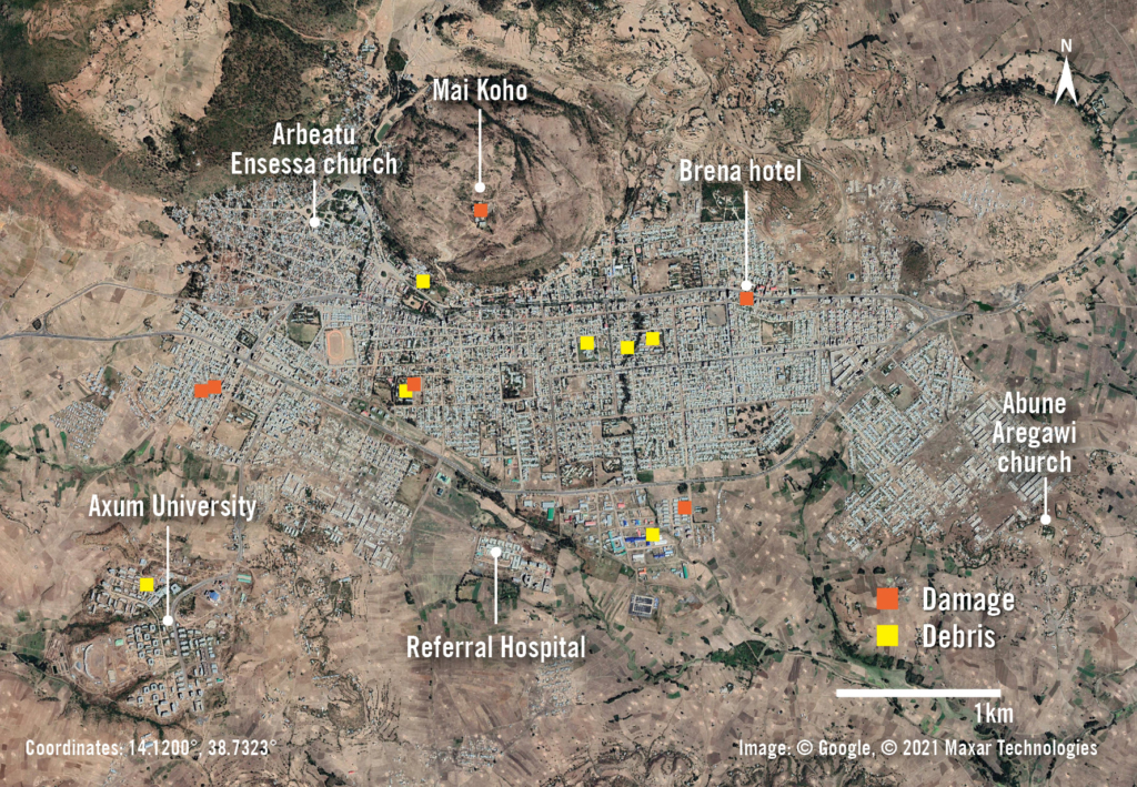 Aperçu des dommages et des débris autour de la ville d'Aksoum, en Éthiopie, région du Tigré, après une attaque par les forces éthiopiennes et érythréennes en novembre 2020. Image : Google © 2021 Maxar Technologies