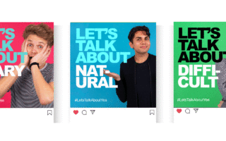 Vignettes Instagram aux couleurs vives comportant le texte « Lets Talk About... » (« Parlons de ») suivi de différents sentiments et pensées comme « Love », « Simple », « Fun » et « Turn off » (« L’amour », « Simple », « Marrant » et « Tue-l’amour »). Texte uniquement.