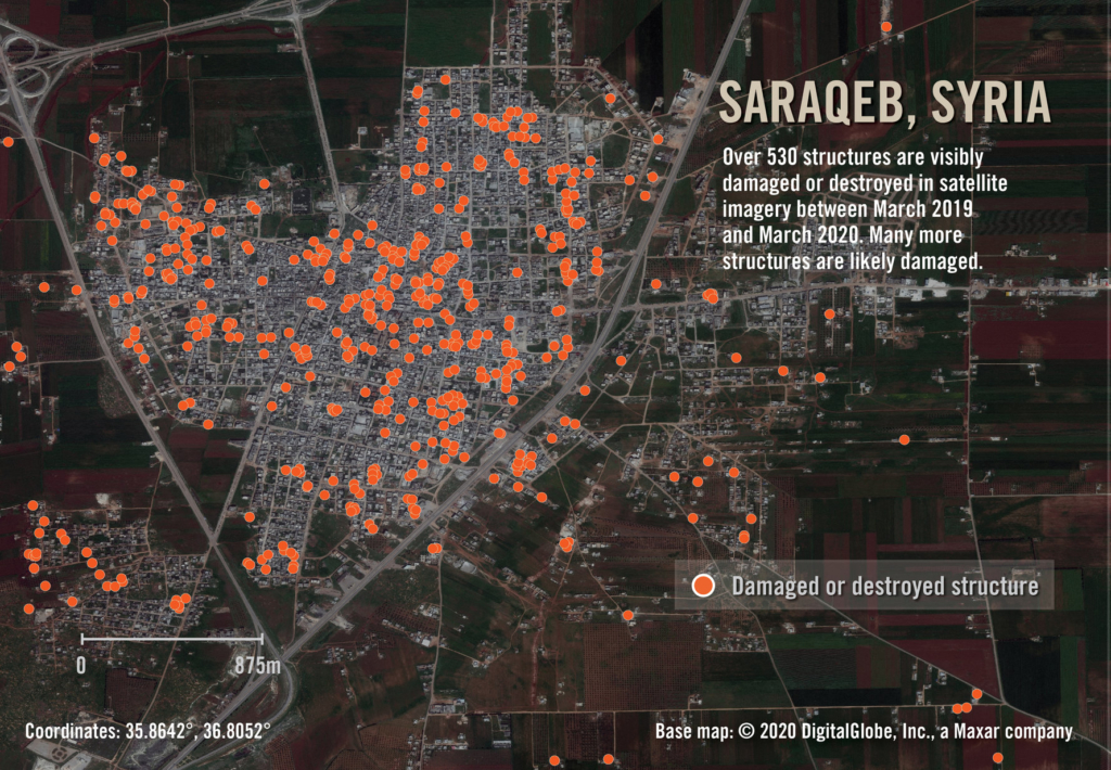 Analyse d'images satellite montrant les structures qui auraient été endommagées ou détruites à Saraqeb, Idlib, entre mars 2019 er mars 2020. ©Maxar Technologies