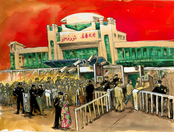 Un contrôle de sécurité à l'extérieur d'une gare à Urumqi, Xinjiang. Les chinois Han et les membres des groupes ethniques musulmans prédominants passent par des postes de contôle différents. Les contrôles de sécurité des personnes musulmanes sont beaucoup plus sévère. © Molly Crabapple