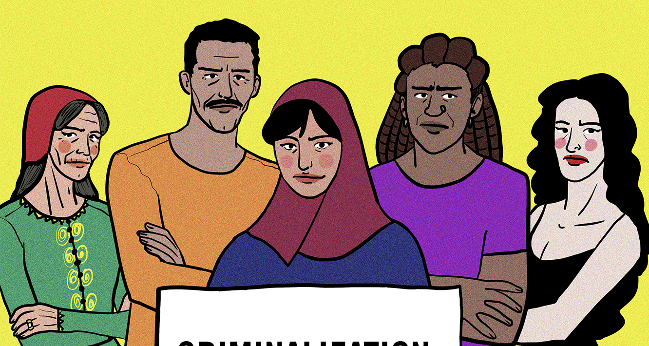 Graphic illustration showing women of diverse backgrounds and a man standing and woman in center wearing the Muslim head veil carrying a banner reading: Criminalization is not the solution.